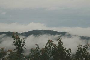 Mountain range with visible silhouettes through the morning blue fog. photo