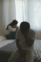 Divorce and quarrels. couples are desperate and disappointed after marriage. Husband and wife are sad, upset and frustrated after quarrels. distrust, love problems, betrayals. family problem. photo