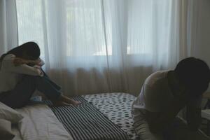Divorce and quarrels. couples are desperate and disappointed after marriage. Husband and wife are sad, upset and frustrated after quarrels. distrust, love problems, betrayals. family problem. photo