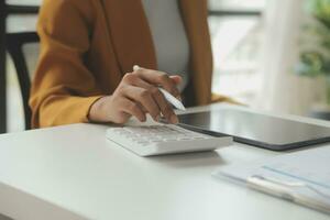 Financial Business team present. Business man hands hold documents with financial statistic stock photo, discussion, and analysis report data the charts and graphs. Finance Financial concept photo