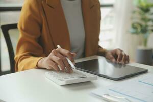 Financial Business team present. Business man hands hold documents with financial statistic stock photo, discussion, and analysis report data the charts and graphs. Finance Financial concept photo