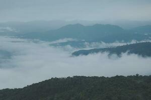 montaña rango con visible siluetas mediante el Mañana azul niebla. foto