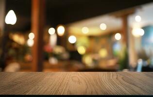 Empty wooden table in front of abstract blurred background of coffee shop . can be used for display or montage your products.Mock up for display of product photo