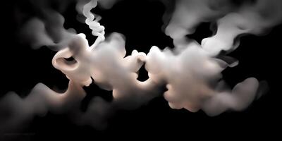 Photograph of a singular flowing white light gray smoke stream in black background, photo