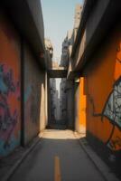 vacío callejón carril hormigón edificio pared con pintada, ai generativo foto