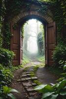 An enigmatic door awaits at the end of a path, adorned with overgrown plant vines photo