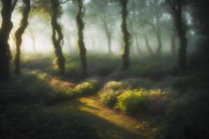 Nature illustration foggy forest tree and sunlight, AI Generative photo