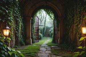 An enigmatic door awaits at the end of a path, adorned with overgrown plant vines photo