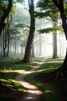 A landscape of enchanted forest tree and ethereal glow sunlight, AI Generative photo