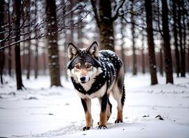 Close up realistic photo of a wolf in the winter snow forest, blurry background, AI Generative