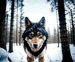 Close up realistic photo of a wolf in the winter snow forest, blurry background, AI Generative