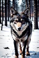 Close up realistic photo of a wolf in the winter snow forest, blurry background,