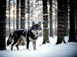Close up realistic photo of a wolf in the winter snow forest, blurry background