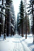 Realistic photo landscape of winter snow forest, AI Generative