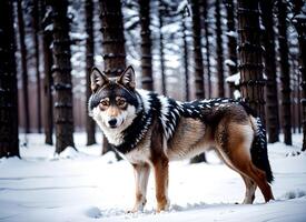 cerca arriba realista foto de un lobo en el invierno nieve bosque, borroso fondo, ai generativo