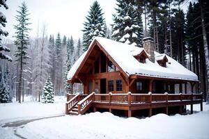 realista foto paisaje de invierno nieve bosque y madera casa, ai generativo