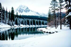 Realistic photo landscape of winter snow forest mountain and lake, AI Generative