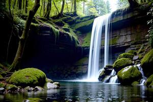 Realistic photo beautiful landscape of waterfall in the forest,