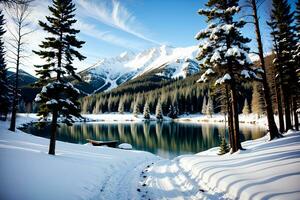 realista foto paisaje de invierno nieve bosque montaña y lago, ai generativo