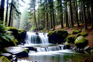 Realistic photo landscape of green tree forest and creek,