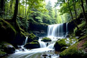 Realistic photo beautiful landscape of waterfall in the forest