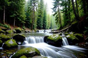 Realistic photo landscape of green tree forest and creek