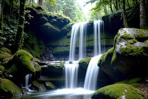 Realistic photo beautiful landscape of waterfall in the forest