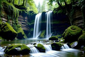 Realistic photo beautiful landscape of waterfall in the forest