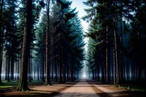 realista foto paisaje de crepúsculo en un ciudad parque bosque con brumoso misterio, ai generativo