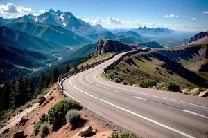 realista foto hermosa paisaje de montañas azul cielo y Ventoso carreteras, ai generativo