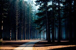 Realistic photo landscape of twilight in a city park forest with foggy mistery