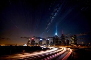 Realistic photo of highway light trails with modern city building background