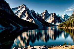 Realistic photo majestic landscape of mountain lake with perfect reflection