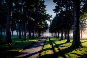 Realistic photo landscape of twilight in a city park forest with foggy mistery, AI Generative