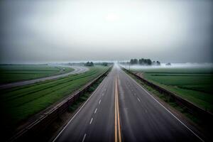 realista foto pájaro ver de el vacío autopista mediante el campos en un niebla, ai generativo