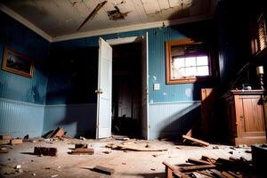 Realistic photo of destructed broken room interior