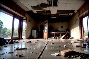 Realistic photo of destructed broken room interior