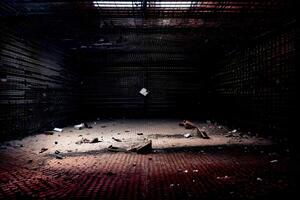 Realistic photo of destructed broken deserted garage factory room,