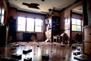 Realistic photo of destructed broken room interior,