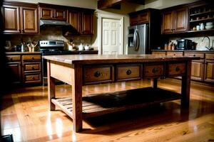 realista foto de retro Clásico madera mesa en el cocina