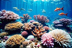 Secret ocean underwater world teeming with colorful coral reefs, photo