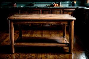 Realistic photo of retro vintage wood table in the kitchen, AI Generative