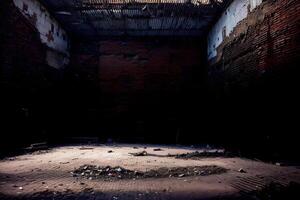 Realistic photo of destructed deserted garage factory empty room,