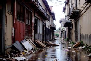 realista foto de abandonado callejón con escombros basura en el calle, ai generativo