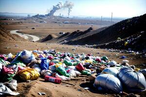 Realistic photo landscape of rubbish garbage landfill, AI generative