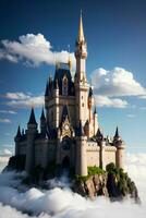 Realistic photo landscape of majestic castle floating in the clouds, AI generative