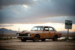 Realistic photo of deserted old broken retro vintage car, AI Generative