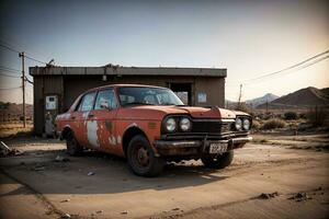 Realistic photo of deserted old broken retro vintage car, AI Generative
