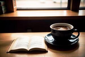 Realistic photo of a coffee cup and book on wood table in a coffee shop with cozy atmosphere,