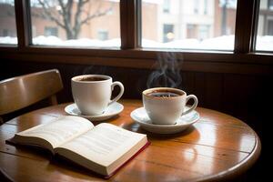 Realistic photo of a coffee cup and book on wood table in a coffee shop with cozy atmosphere,
